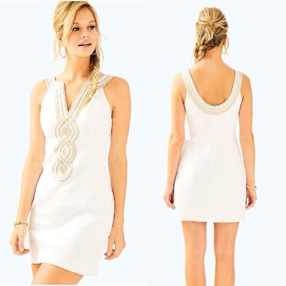 Lilly Pulitzer Dresses & Skirts - Lilly Pulitzer Valli Shift Dress White Gold Embellished Size 12 Cocktail Resort